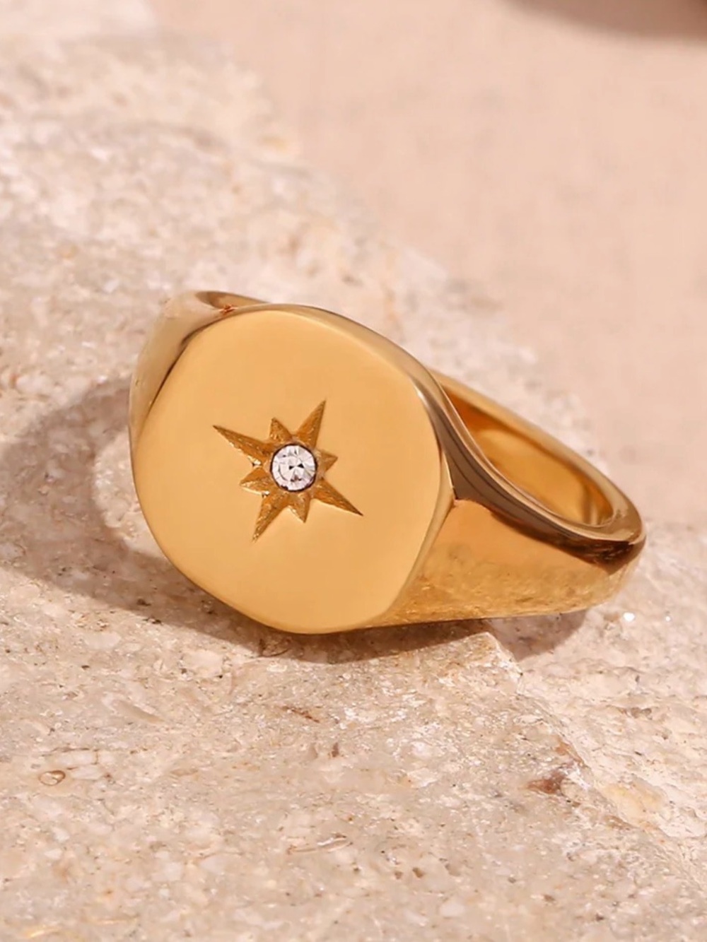Gold Star Signet Ring with Diamond Accent - Women Jewelry